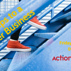 Orange trainers climbing metal stairs in 6 steps to a better business