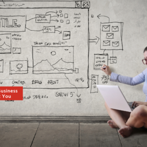 Women with laptop planning her business and personal objectives on a whiteboard