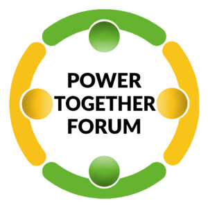 Logo for the Power Together Forum featuring a circular design of alternating green and gold arcs with matching spheres at their centres representing people, surrounding bold black text that reads 'Power Together Forum' on a white background.